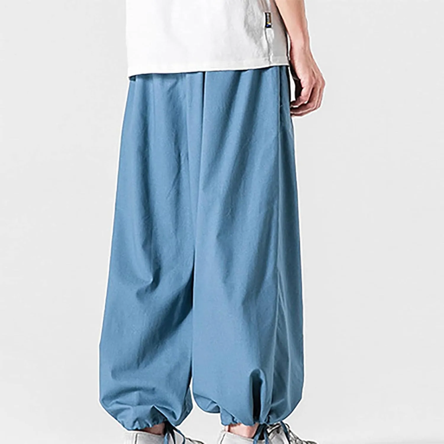 Mens Summer Linen Cotton Harem Pants Wide Leg Baggy Drawstring Bloomers Fashion Straight Leg Japanese Style Casual Trousers