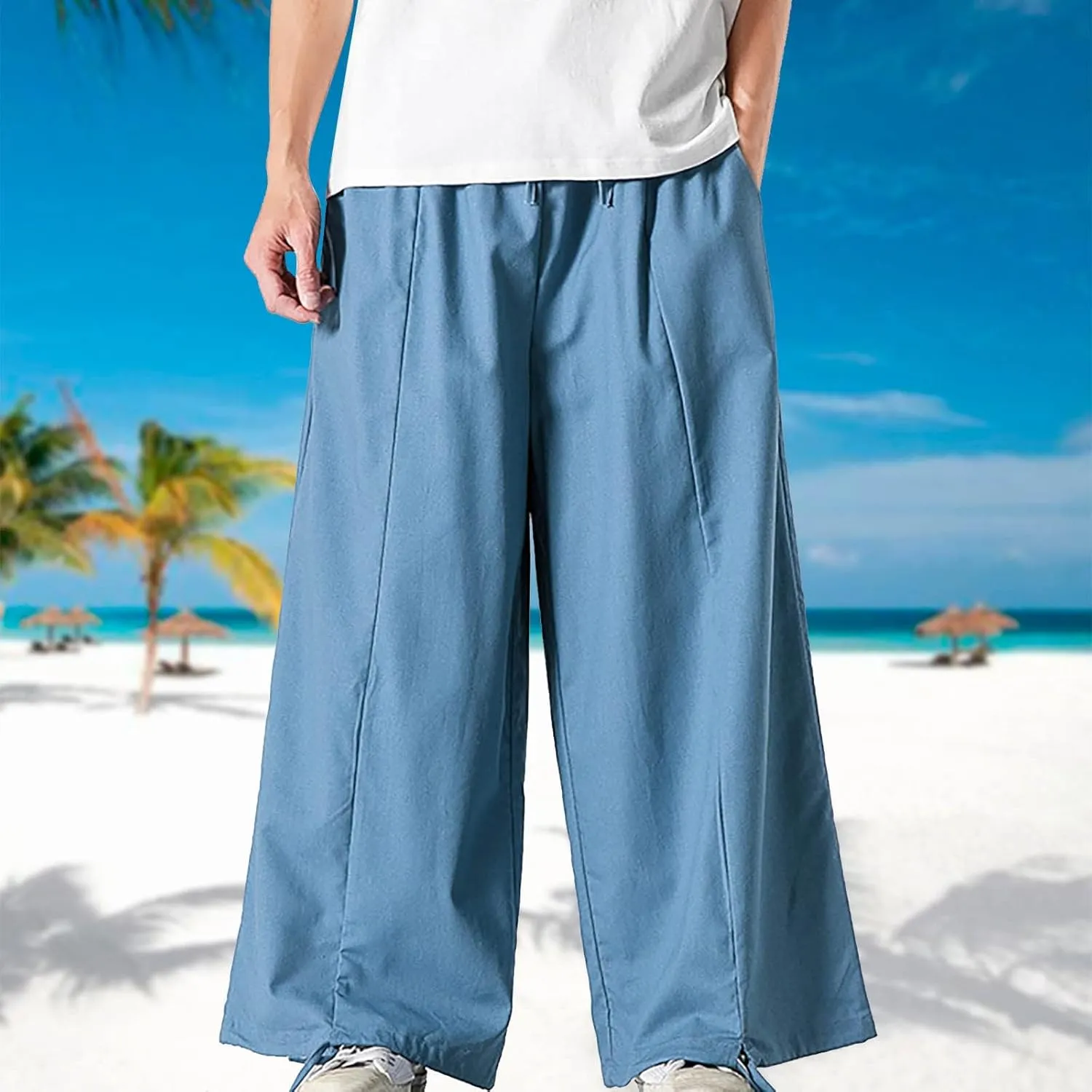 Mens Summer Linen Cotton Harem Pants Wide Leg Baggy Drawstring Bloomers Fashion Straight Leg Japanese Style Casual Trousers