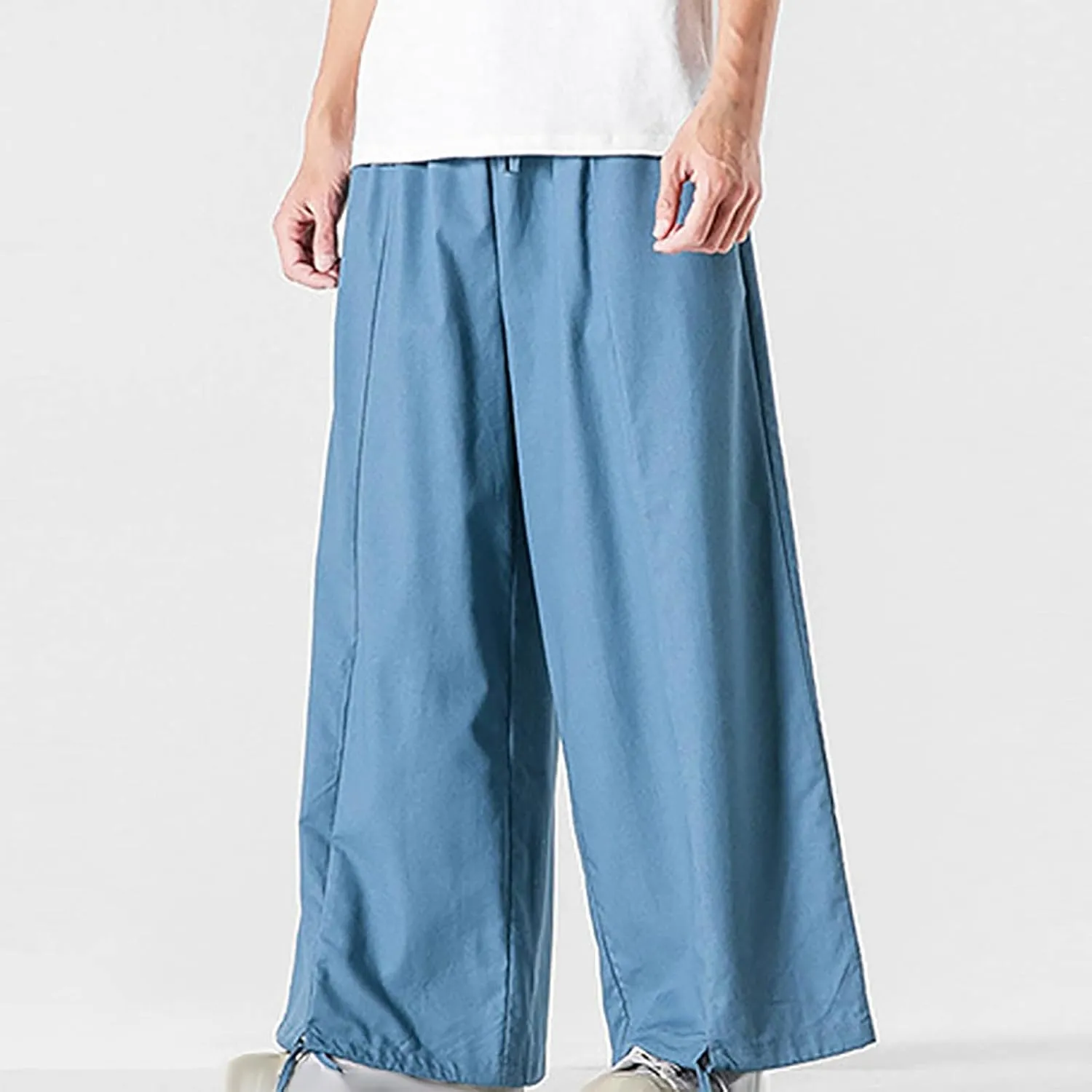 Mens Summer Linen Cotton Harem Pants Wide Leg Baggy Drawstring Bloomers Fashion Straight Leg Japanese Style Casual Trousers