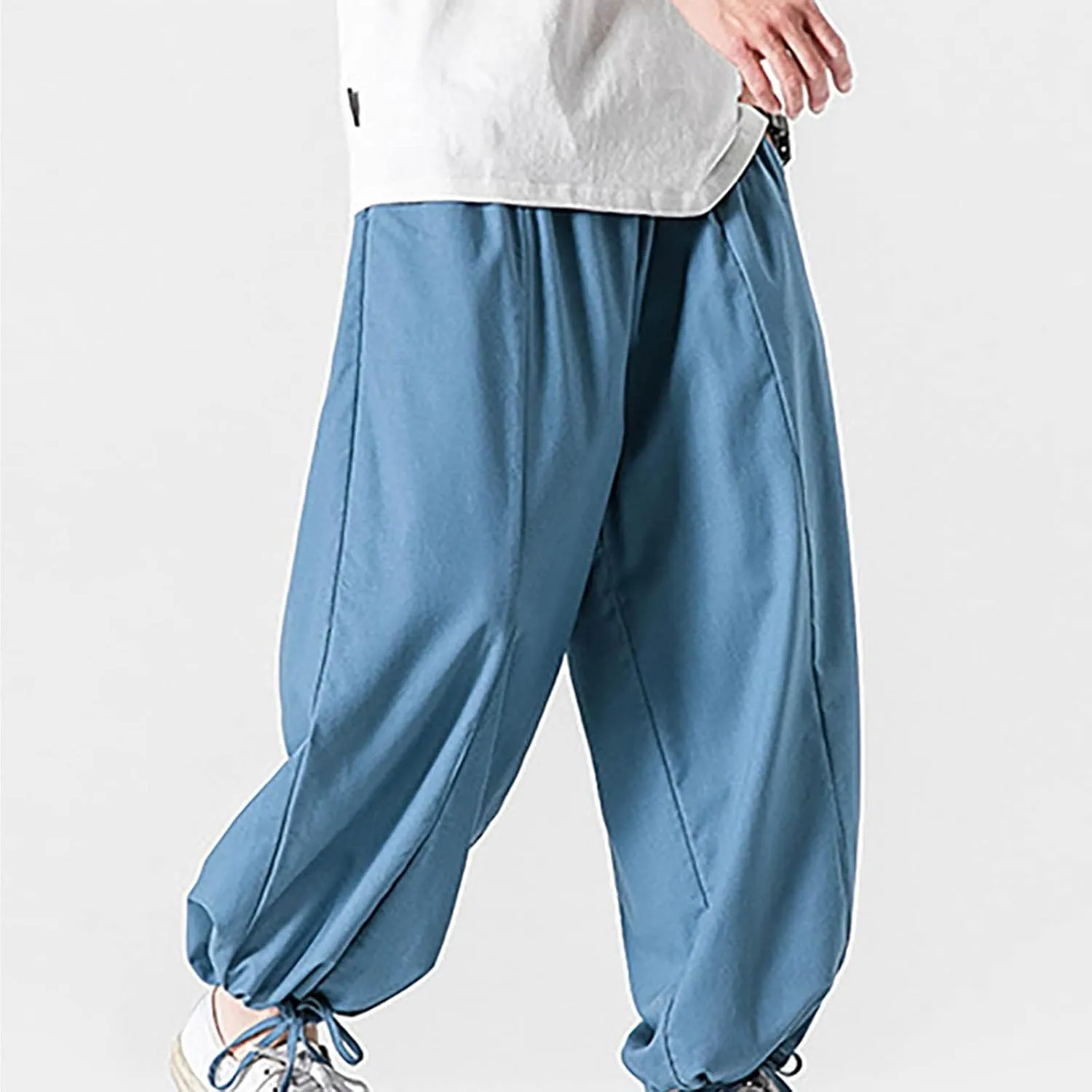 Mens Summer Linen Cotton Harem Pants Wide Leg Baggy Drawstring Bloomers Fashion Straight Leg Japanese Style Casual Trousers