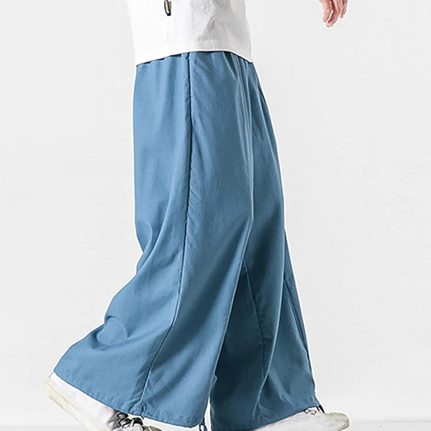 Mens Summer Linen Cotton Harem Pants Wide Leg Baggy Drawstring Bloomers Fashion Straight Leg Japanese Style Casual Trousers