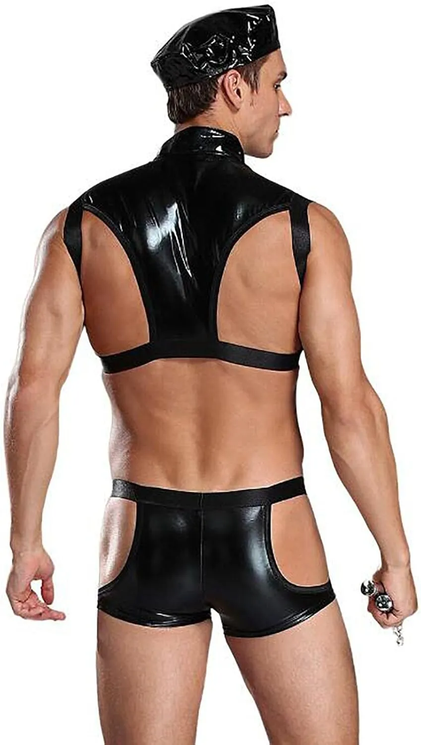 Men's Valentine's Briefs 3Pc Leather Policeman Role Play Set Police Officer Costum Hat Shorts and Top Outfit