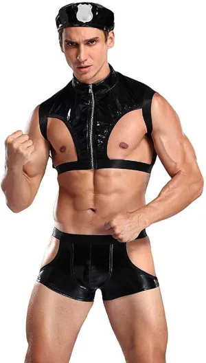 Men's Valentine's Briefs 3Pc Leather Policeman Role Play Set Police Officer Costum Hat Shorts and Top Outfit