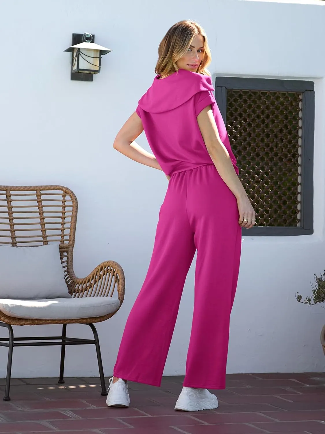 MEROKEETY Women 2 Piece Set Summer Outfits Sweatsuit Half Zip Cap Sleeve Sweatshirt Wide Leg Sweatpant Tracksuit Sets