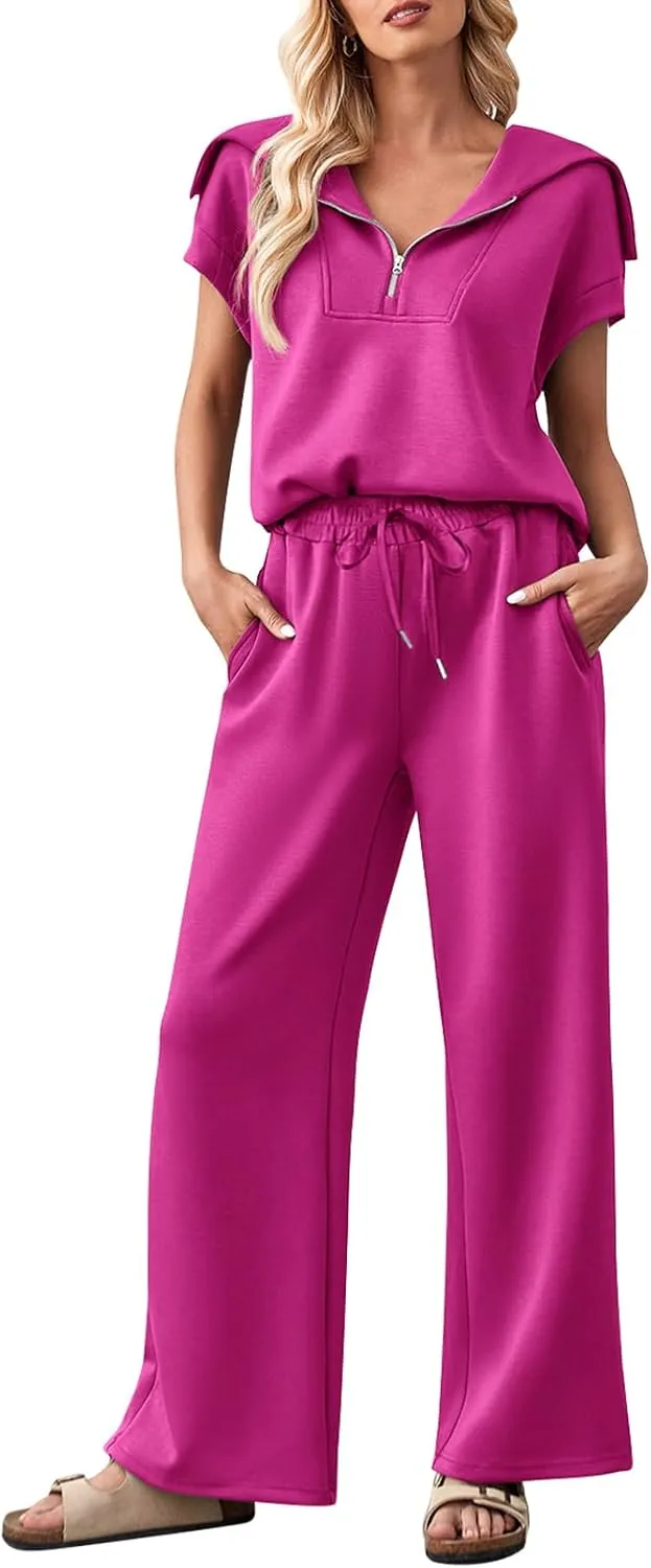MEROKEETY Women 2 Piece Set Summer Outfits Sweatsuit Half Zip Cap Sleeve Sweatshirt Wide Leg Sweatpant Tracksuit Sets