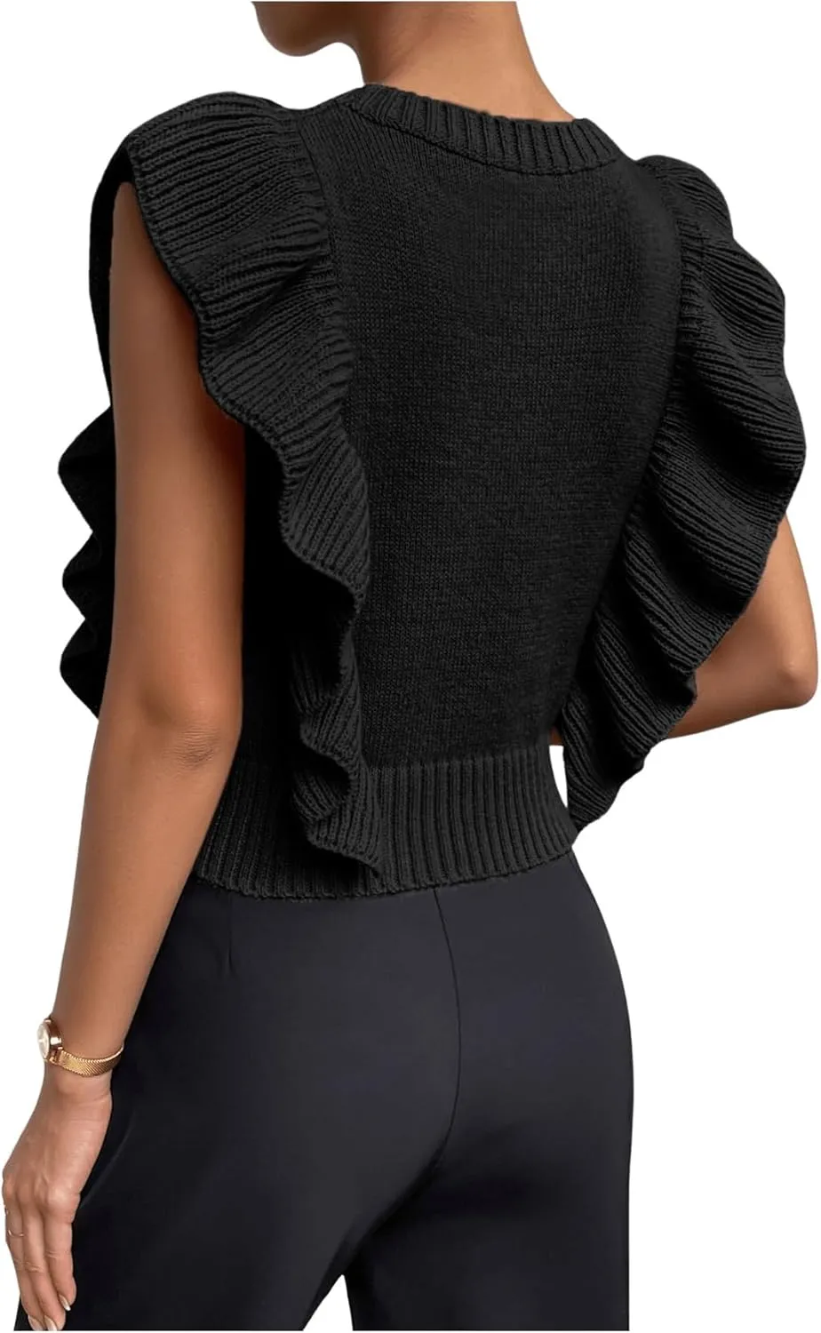 Milumia Women's Knit Ruffle Trim Sweater Vest Crew Neck Sleeveless Crop Tank Tops Knitwear