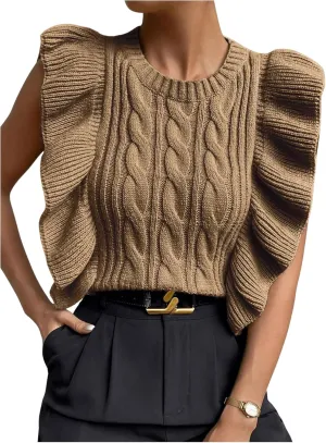 Milumia Women's Knit Ruffle Trim Sweater Vest Crew Neck Sleeveless Crop Tank Tops Knitwear