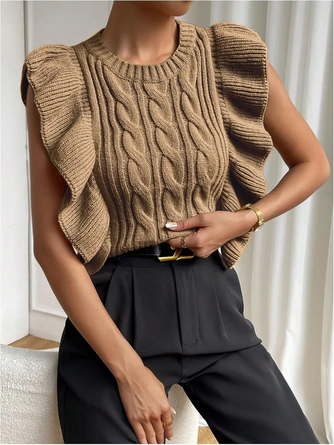 Milumia Women's Knit Ruffle Trim Sweater Vest Crew Neck Sleeveless Crop Tank Tops Knitwear