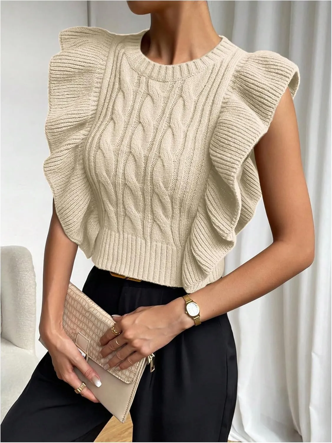 Milumia Women's Knit Ruffle Trim Sweater Vest Crew Neck Sleeveless Crop Tank Tops Knitwear