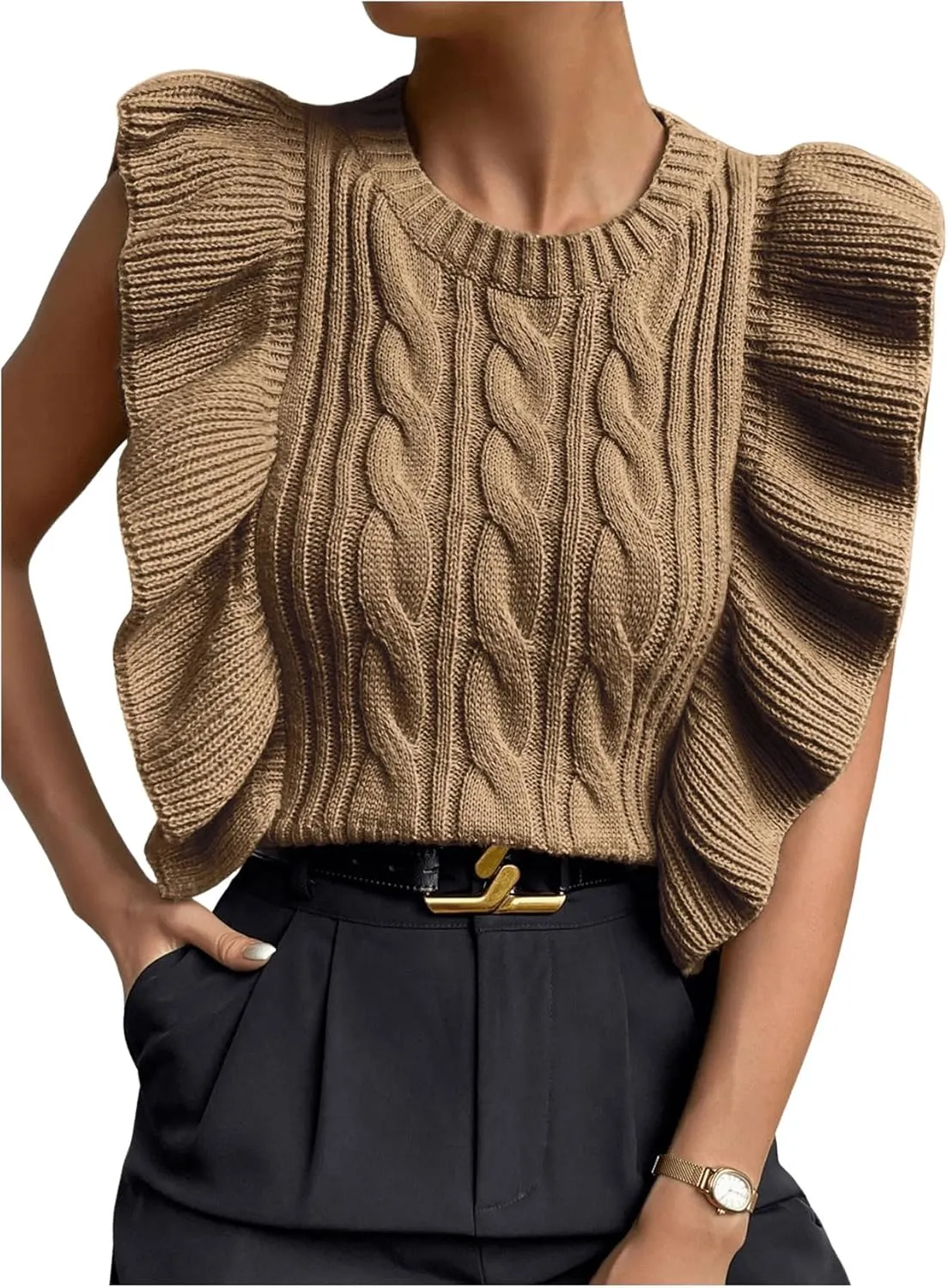 Milumia Women's Knit Ruffle Trim Sweater Vest Crew Neck Sleeveless Crop Tank Tops Knitwear