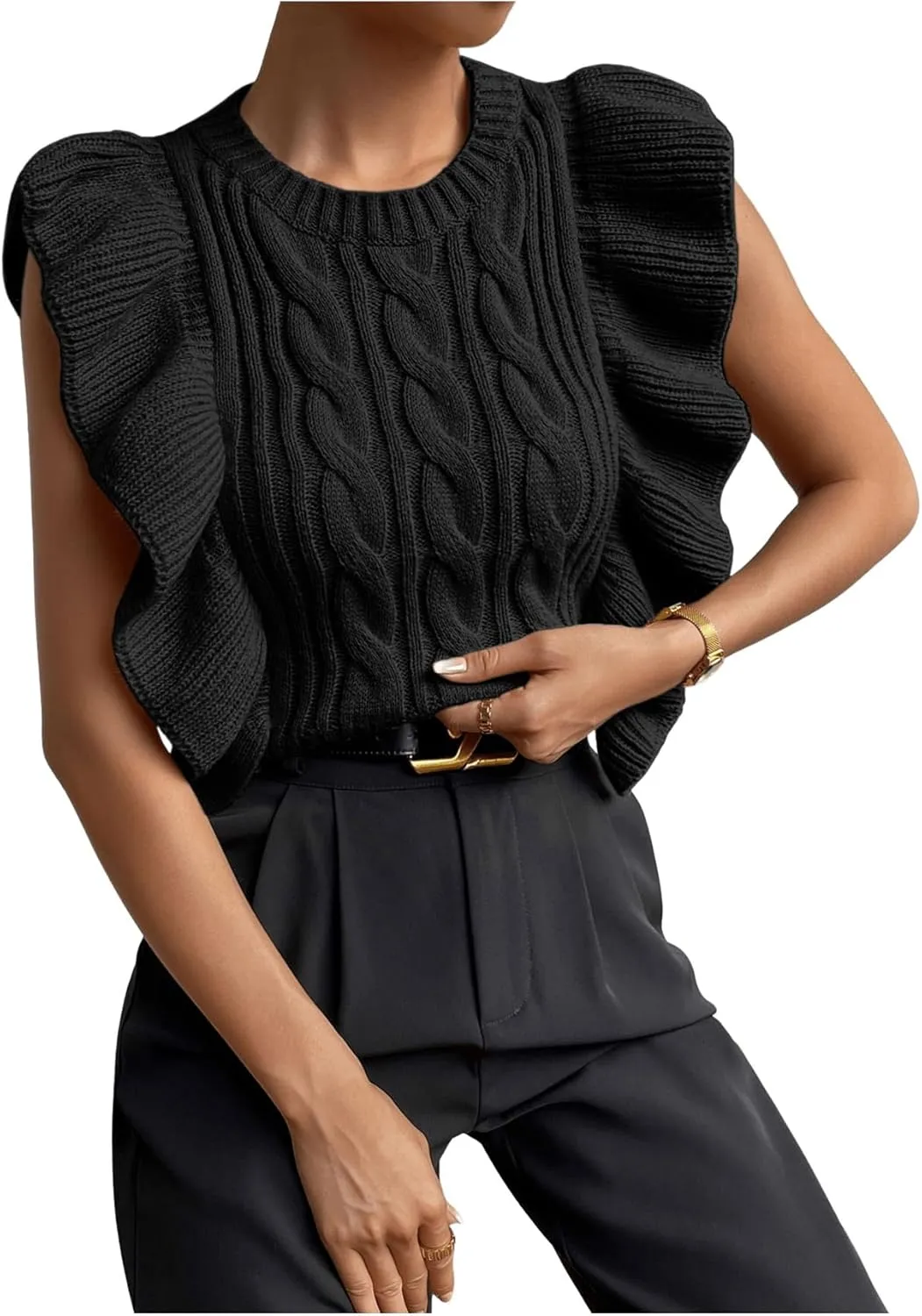 Milumia Women's Knit Ruffle Trim Sweater Vest Crew Neck Sleeveless Crop Tank Tops Knitwear
