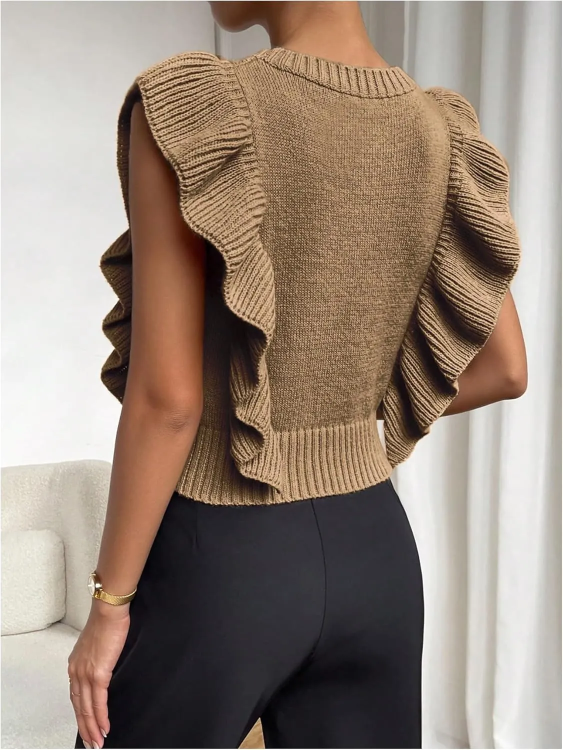 Milumia Women's Knit Ruffle Trim Sweater Vest Crew Neck Sleeveless Crop Tank Tops Knitwear