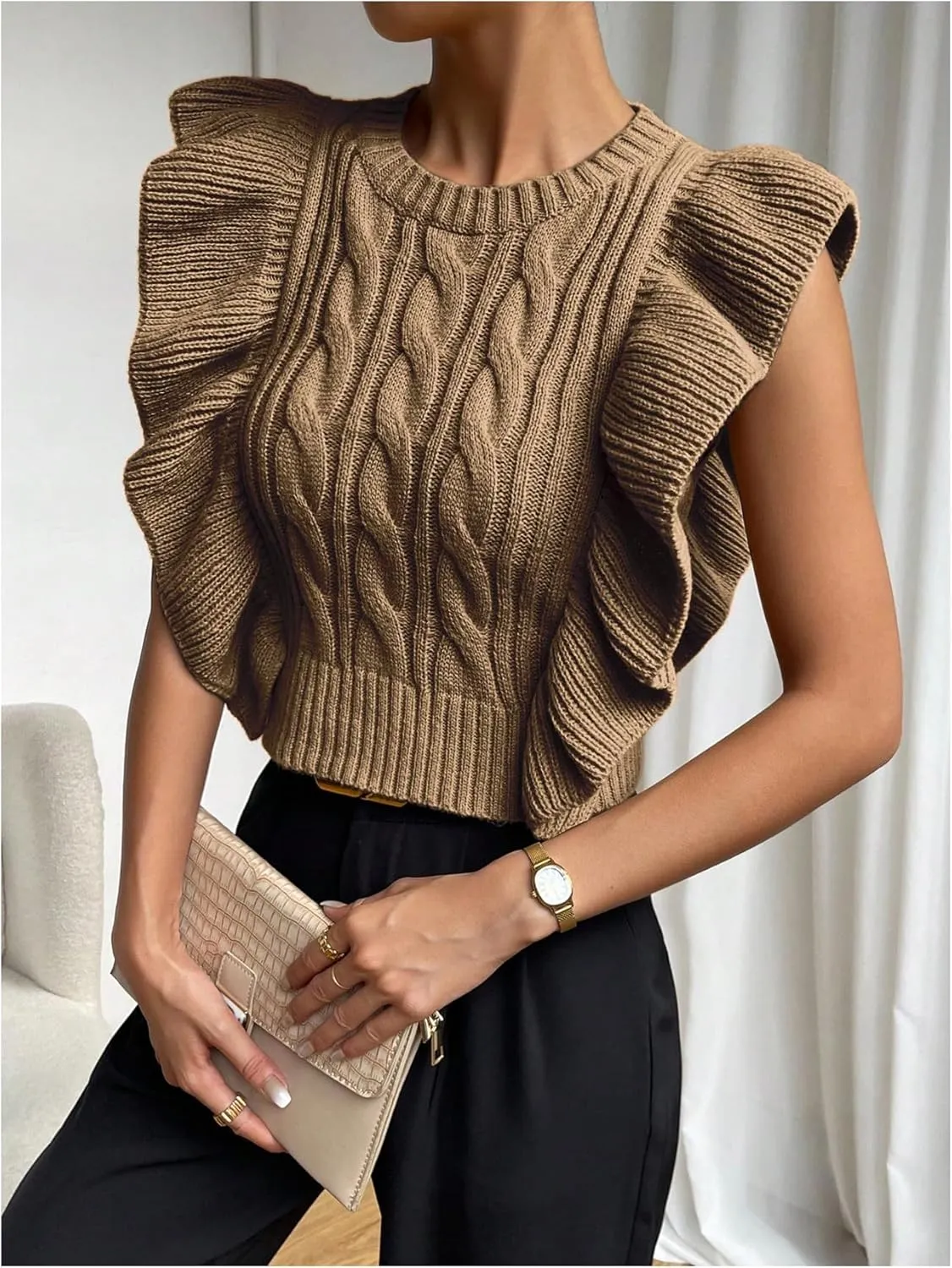 Milumia Women's Knit Ruffle Trim Sweater Vest Crew Neck Sleeveless Crop Tank Tops Knitwear