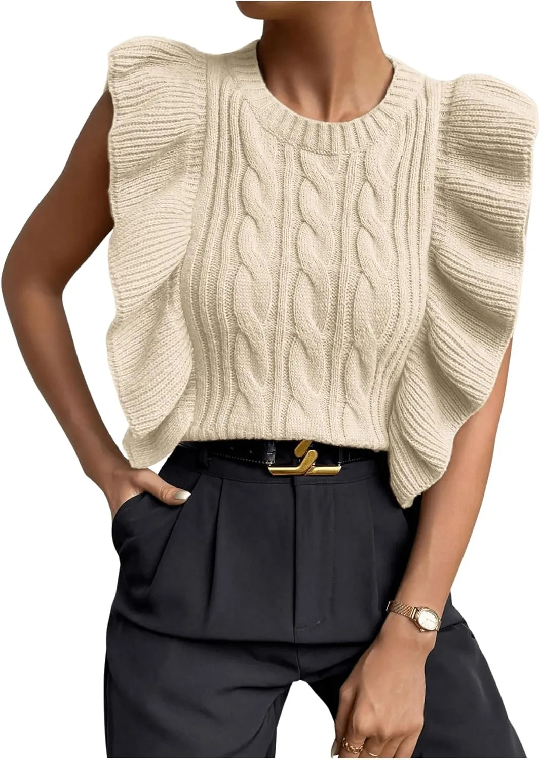 Milumia Women's Knit Ruffle Trim Sweater Vest Crew Neck Sleeveless Crop Tank Tops Knitwear
