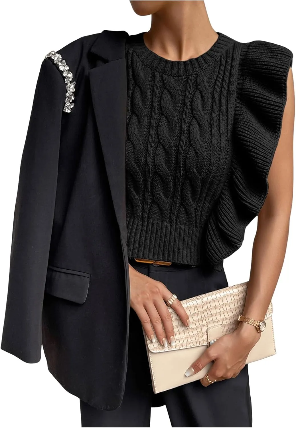 Milumia Women's Knit Ruffle Trim Sweater Vest Crew Neck Sleeveless Crop Tank Tops Knitwear
