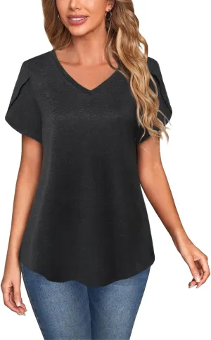 MISS FORTUNE Womens V-Neck Short Sleeve Activewear T-Shirt Petal Sleeve Casual Athletic Moisture Wicking Fitness Tops