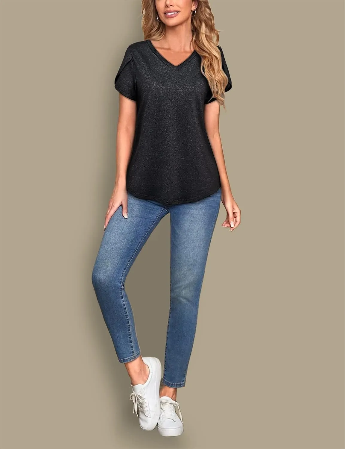 MISS FORTUNE Womens V-Neck Short Sleeve Activewear T-Shirt Petal Sleeve Casual Athletic Moisture Wicking Fitness Tops