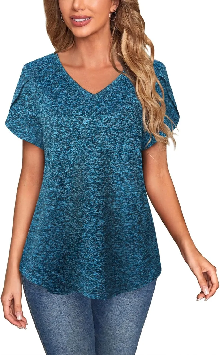 MISS FORTUNE Womens V-Neck Short Sleeve Activewear T-Shirt Petal Sleeve Casual Athletic Moisture Wicking Fitness Tops
