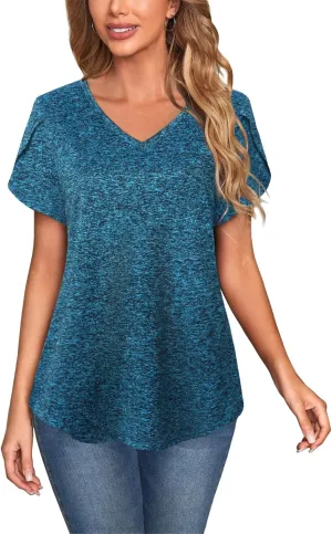 MISS FORTUNE Womens V-Neck Short Sleeve Activewear T-Shirt Petal Sleeve Casual Athletic Moisture Wicking Fitness Tops
