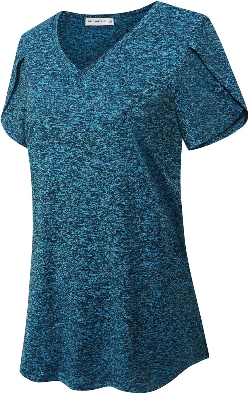 MISS FORTUNE Womens V-Neck Short Sleeve Activewear T-Shirt Petal Sleeve Casual Athletic Moisture Wicking Fitness Tops