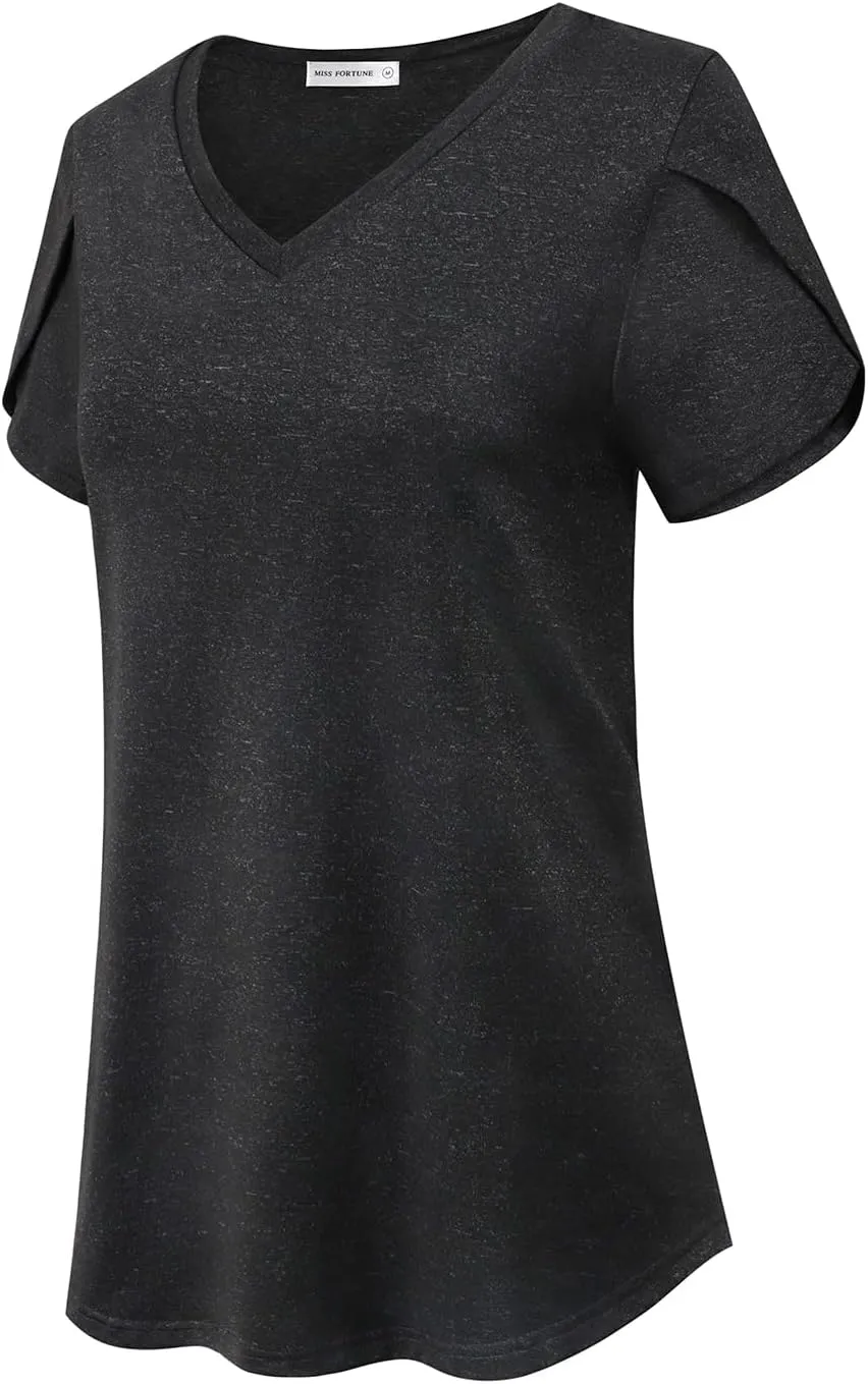 MISS FORTUNE Womens V-Neck Short Sleeve Activewear T-Shirt Petal Sleeve Casual Athletic Moisture Wicking Fitness Tops