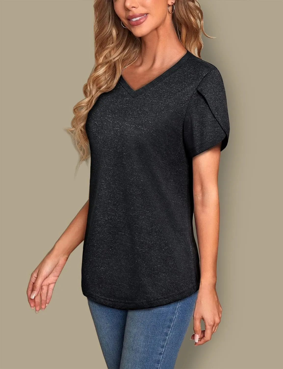 MISS FORTUNE Womens V-Neck Short Sleeve Activewear T-Shirt Petal Sleeve Casual Athletic Moisture Wicking Fitness Tops