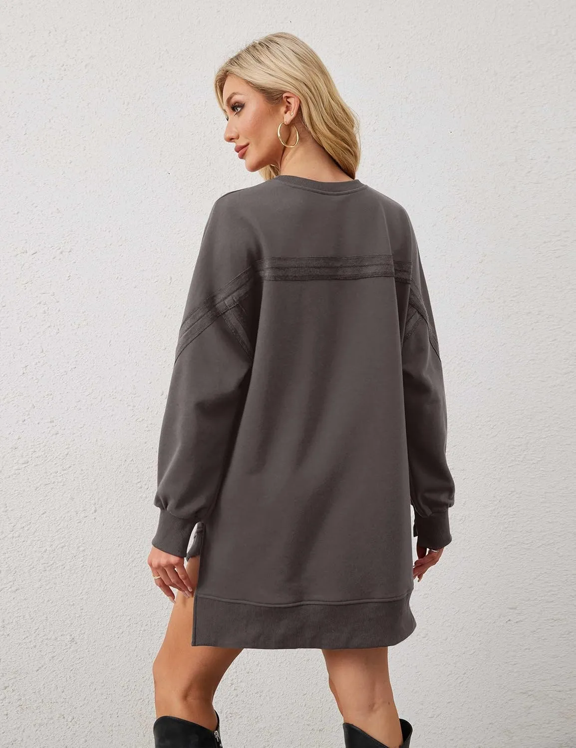 MISSACTIVER Women Sweatshirt Dress Crew Neck Long Sleeve Mini Dresses Oversized Drop Shoulder Side Split Pullover Tops