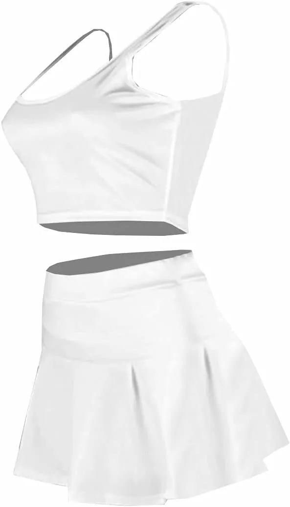Neyaolk Womens Casual Outfits Athletic Activewear - Fitted Sleeveless Crop Top Pleated Tennis Skorts Skirts Set Tracksuit