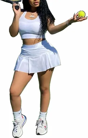 Neyaolk Womens Casual Outfits Athletic Activewear - Fitted Sleeveless Crop Top Pleated Tennis Skorts Skirts Set Tracksuit
