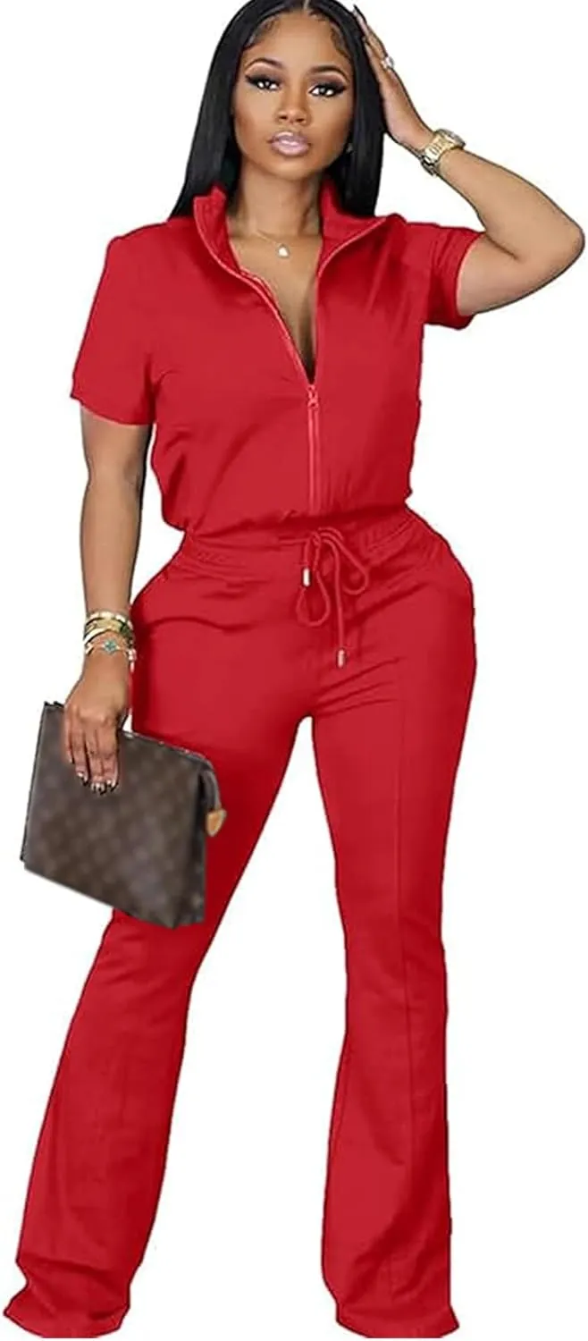 OCEANLUX Women's Lounge Tracksuit Set Two Piece Full Zip Up Short Sleeve Jacket & Drawstring pants Outfits