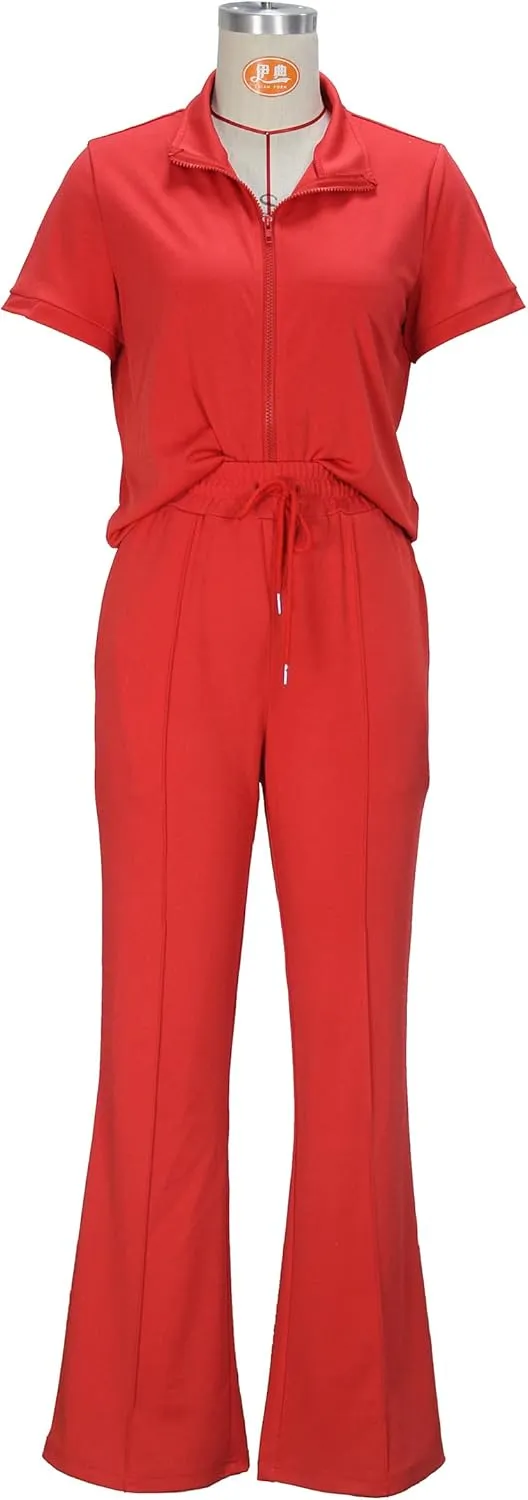 OCEANLUX Women's Lounge Tracksuit Set Two Piece Full Zip Up Short Sleeve Jacket & Drawstring pants Outfits
