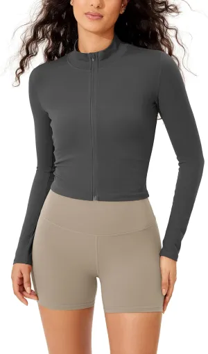 ODODOS Women's Cloud Feeling Athletic Jacket Full Zip Mock Neck Long Sleeve Lightweight Workout Cropped Top