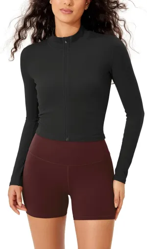 ODODOS Women's Cloud Feeling Athletic Jacket Full Zip Mock Neck Long Sleeve Lightweight Workout Cropped Top