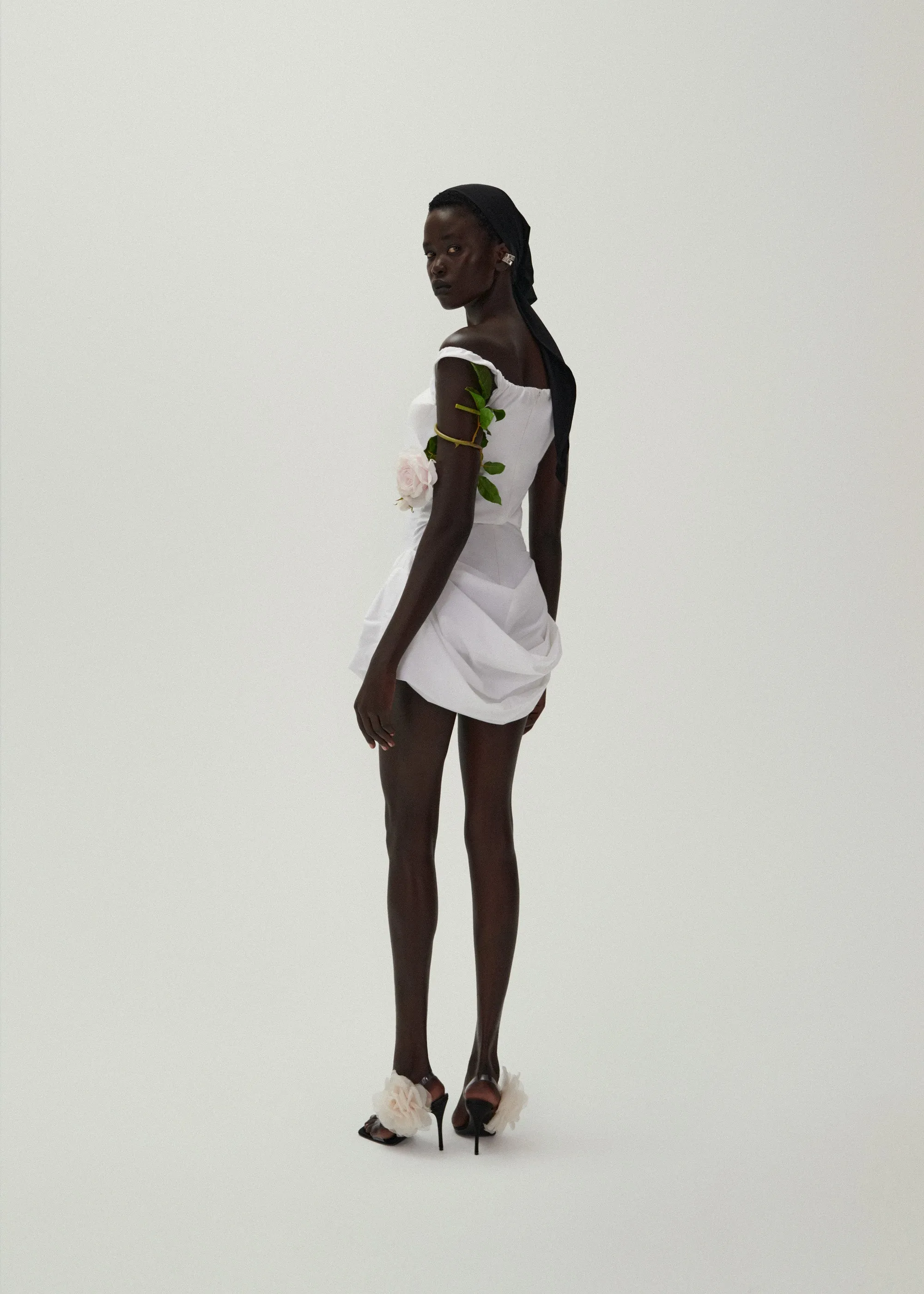 Off shoulder draped cotton mini dress in white
