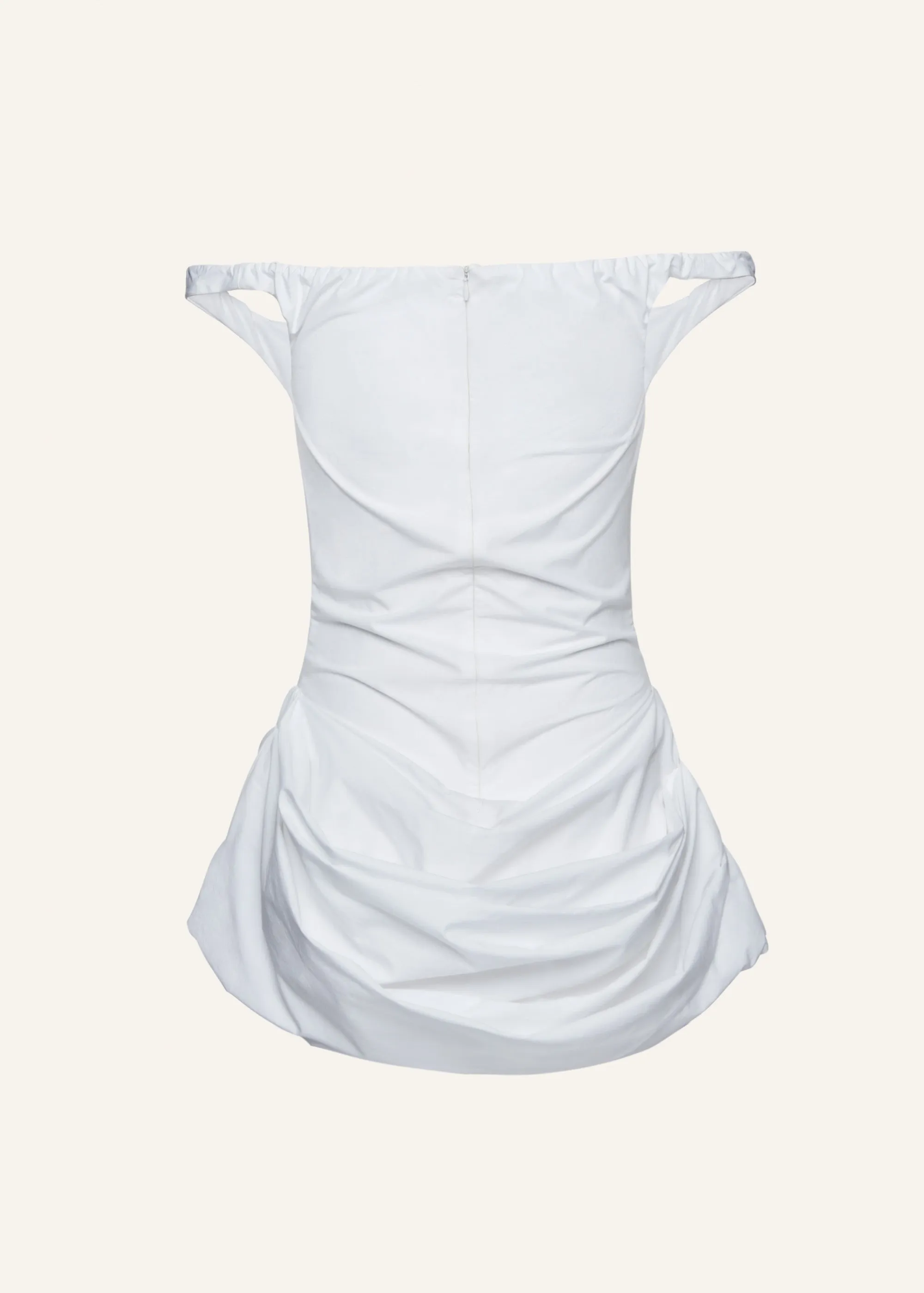 Off shoulder draped cotton mini dress in white