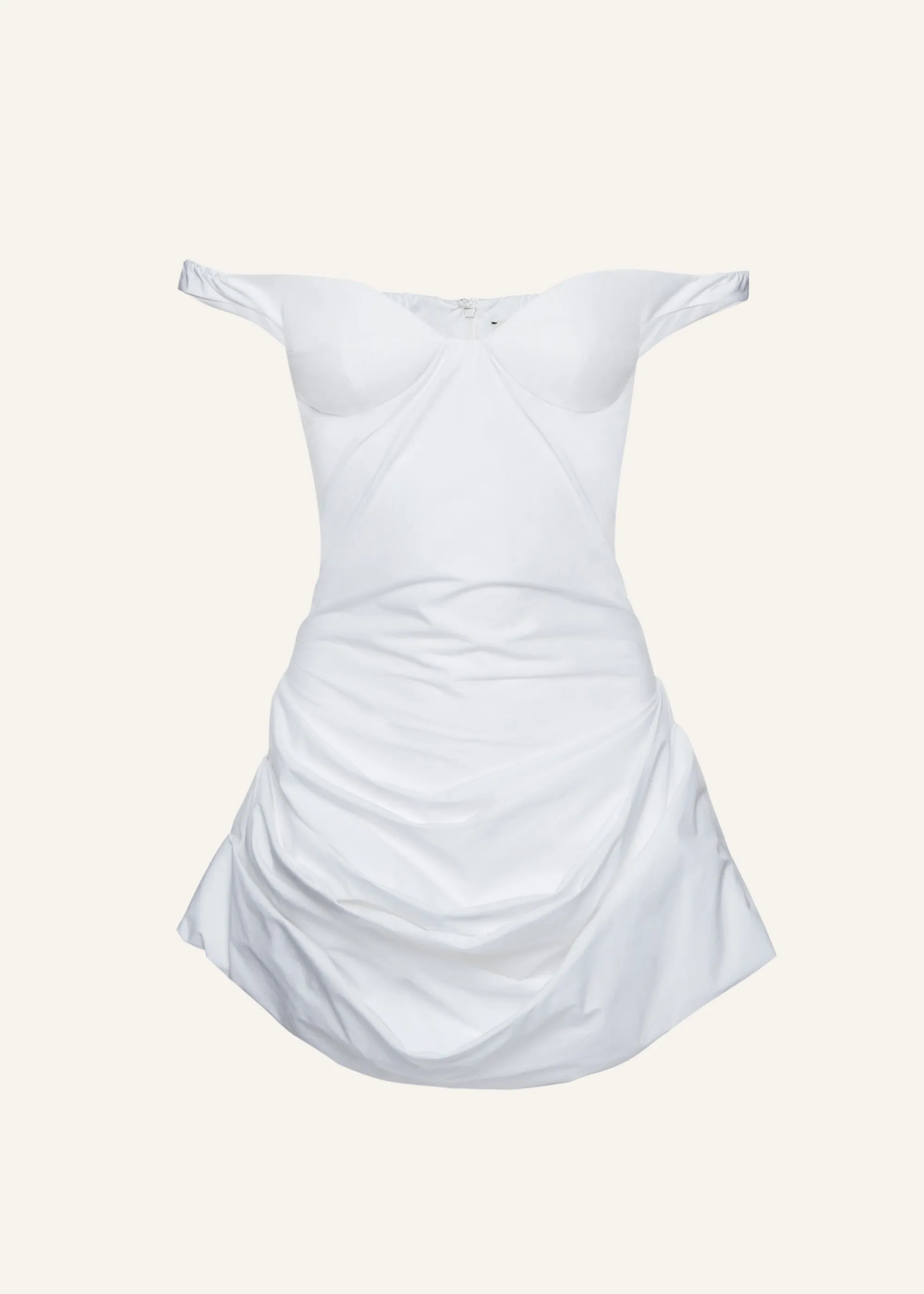 Off shoulder draped cotton mini dress in white