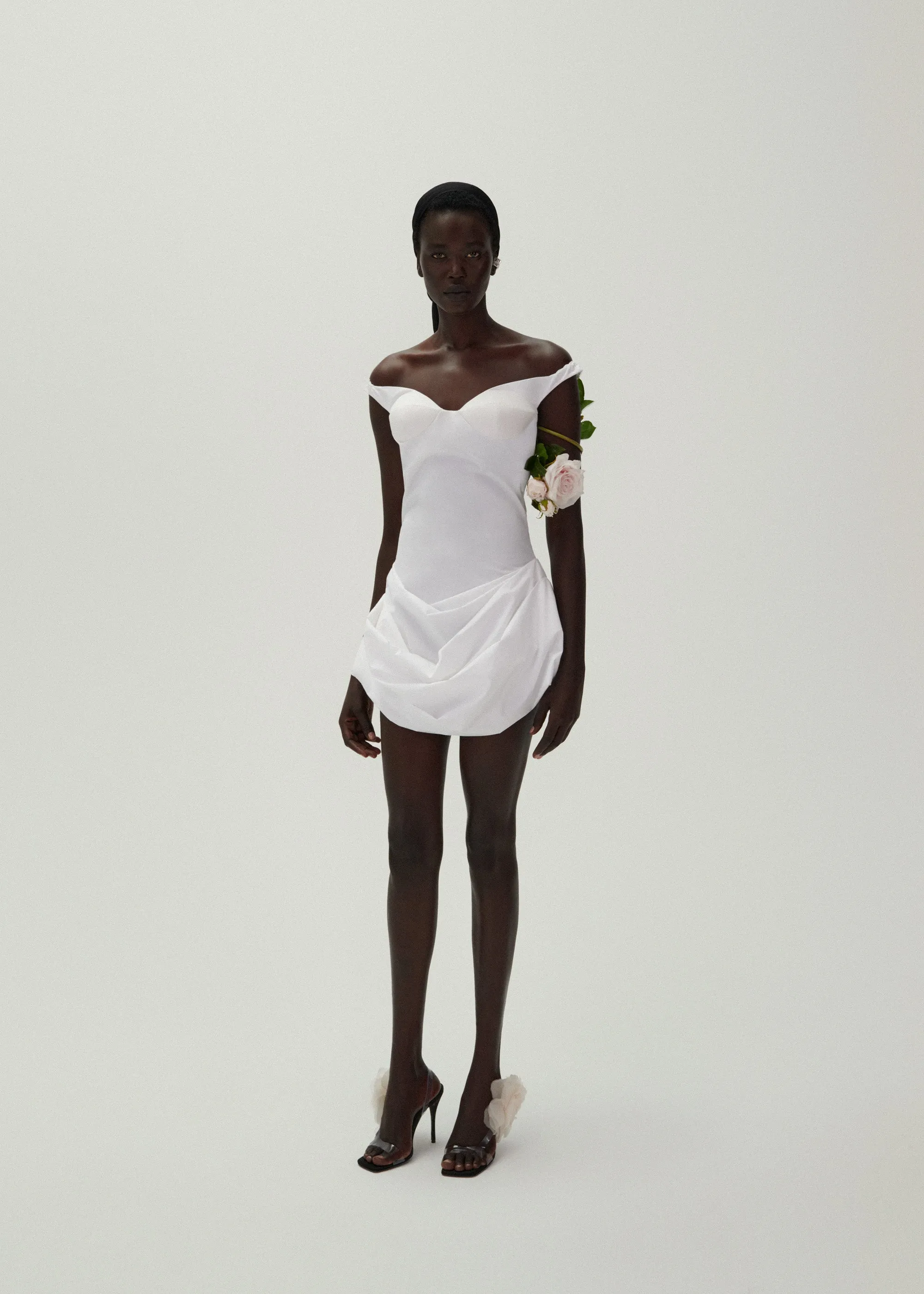 Off shoulder draped cotton mini dress in white