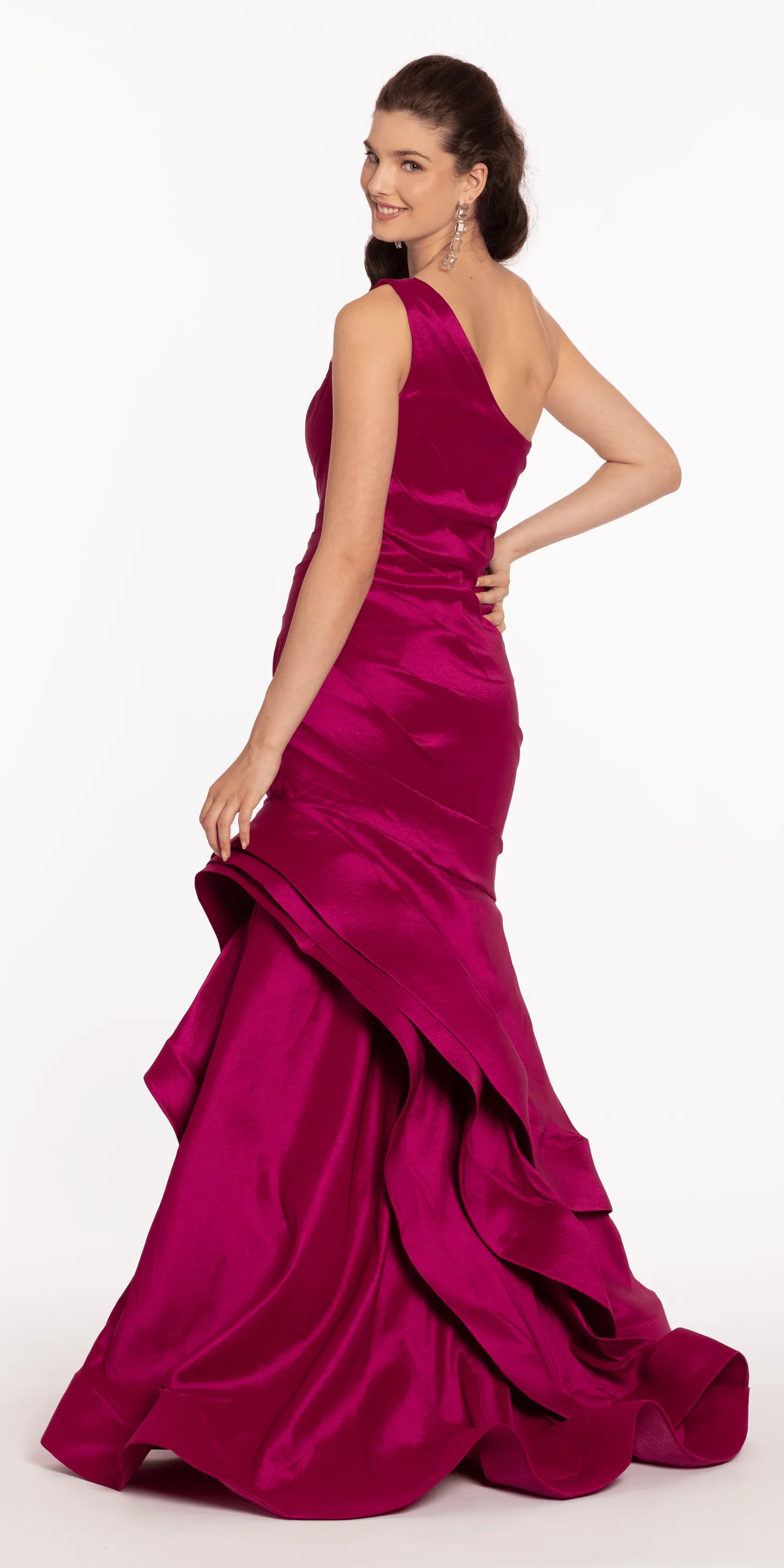 One Shoulder Taffeta Tiered Hem Mermaid Dress