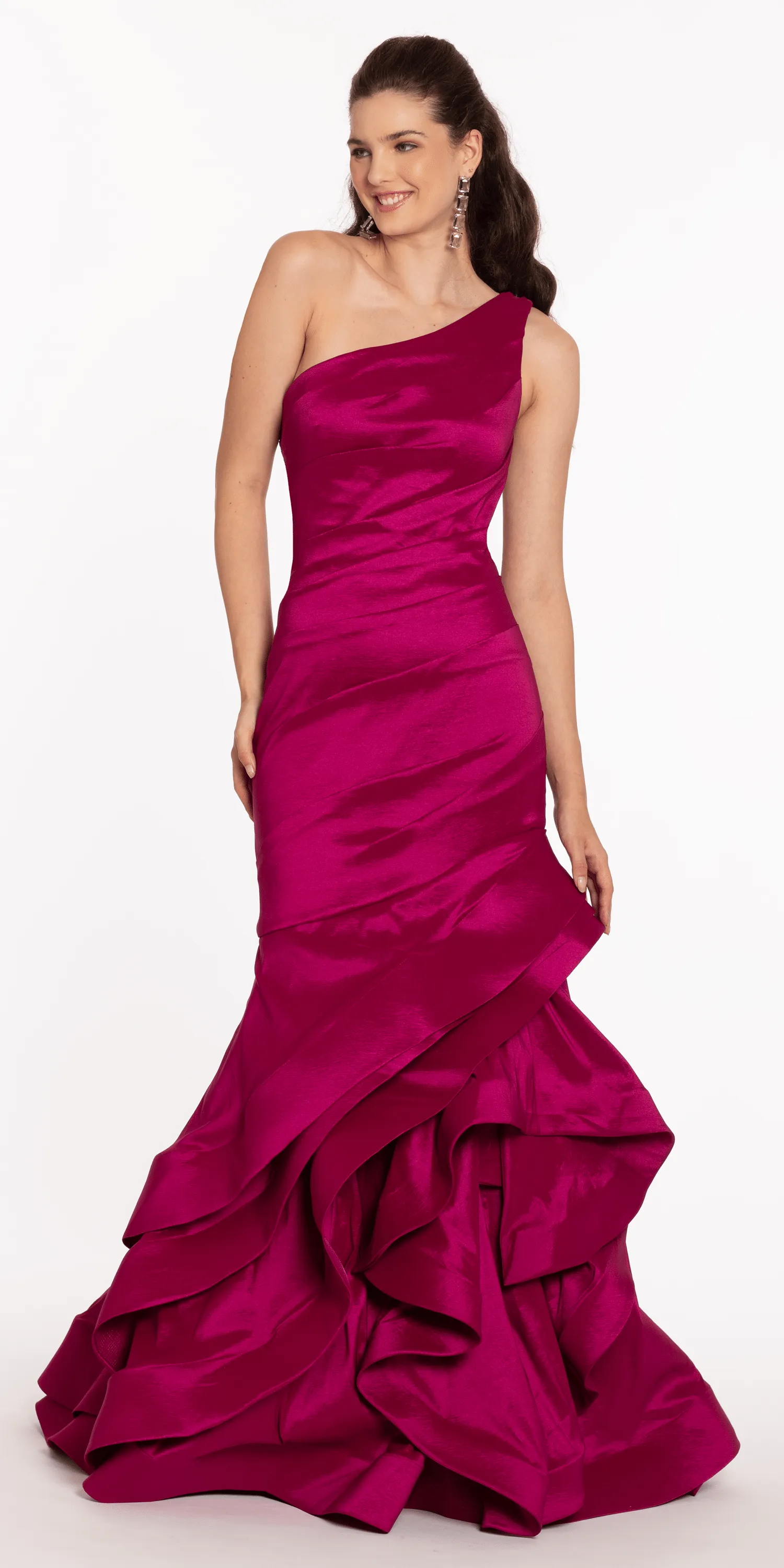 One Shoulder Taffeta Tiered Hem Mermaid Dress