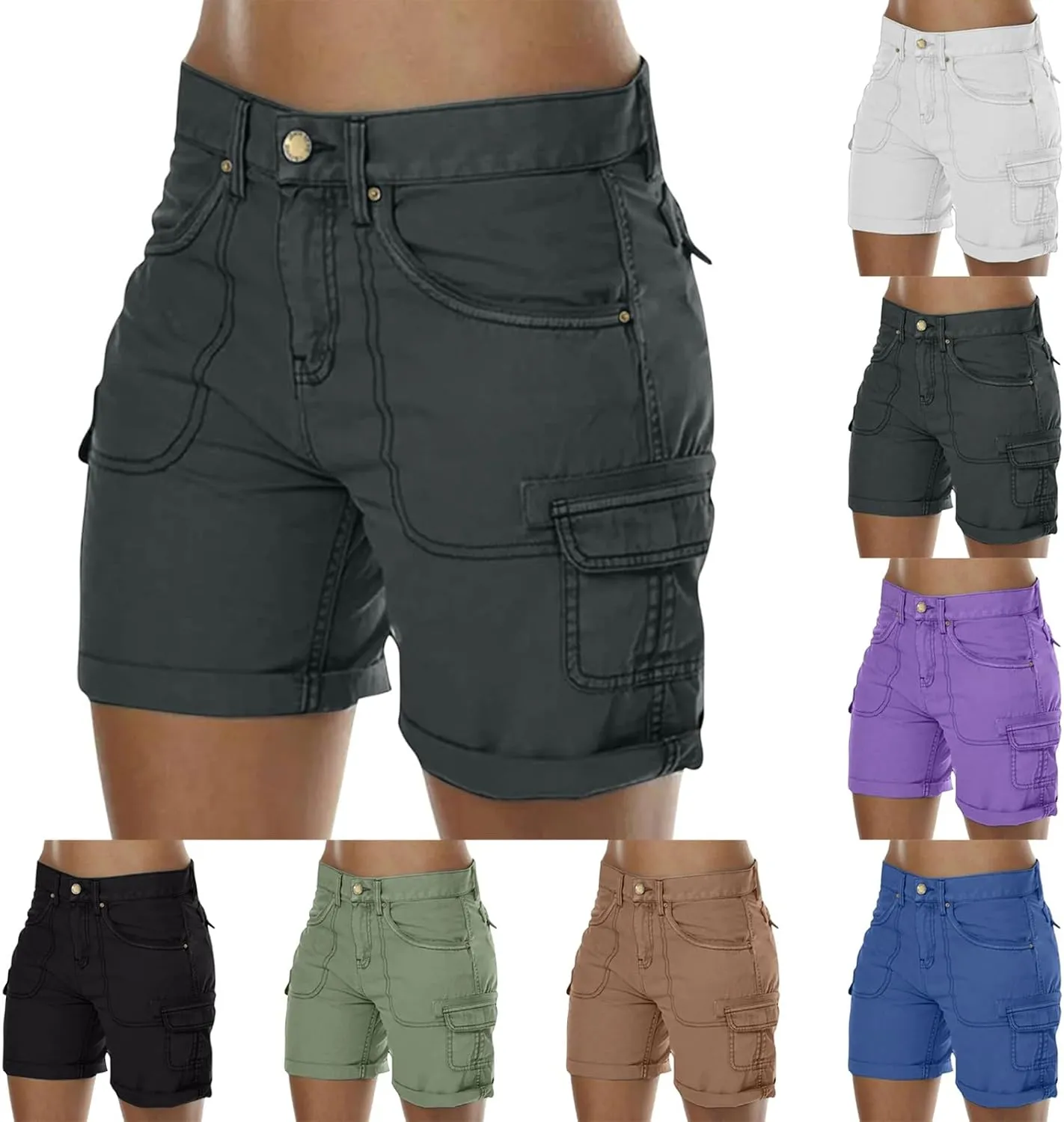 Outdoor Cargo Shorts Women Knee Length High Waisted Hiking Shorts with Pockets Casual Summer Trendy Denim Outfits