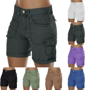 Outdoor Cargo Shorts Women Knee Length High Waisted Hiking Shorts with Pockets Casual Summer Trendy Denim Outfits
