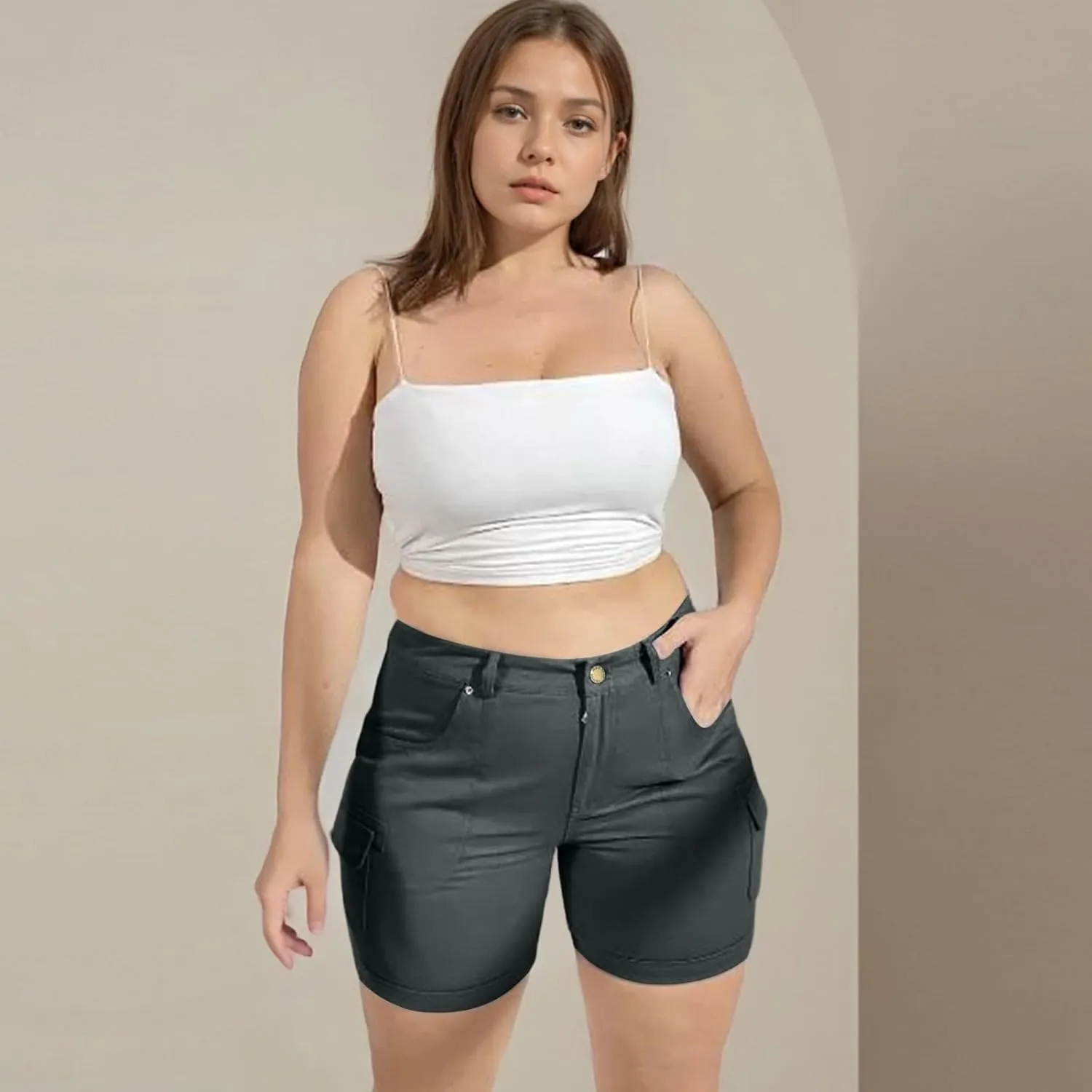 Outdoor Cargo Shorts Women Knee Length High Waisted Hiking Shorts with Pockets Casual Summer Trendy Denim Outfits