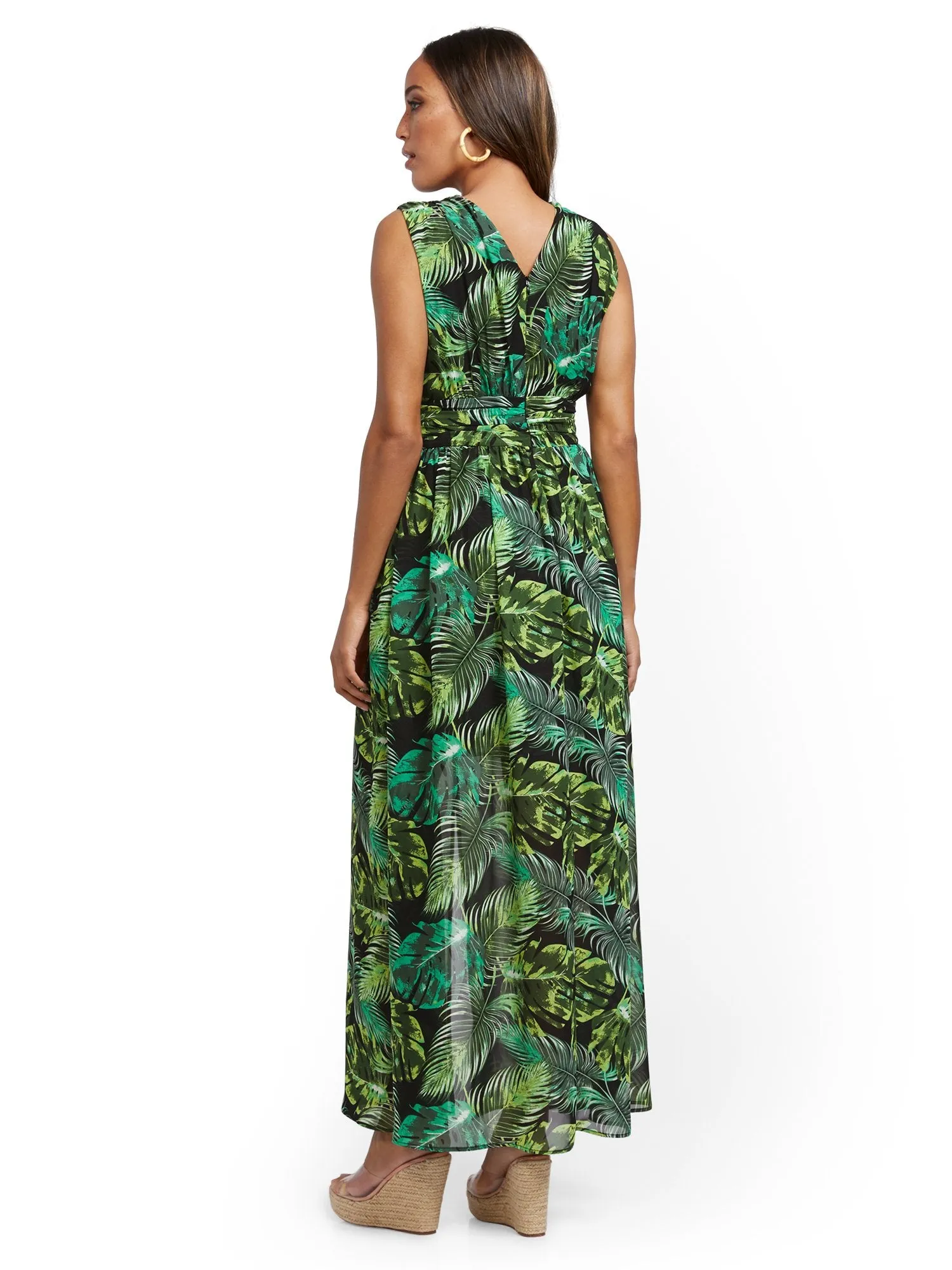 Palm-Print V-Neck Overlay Dress