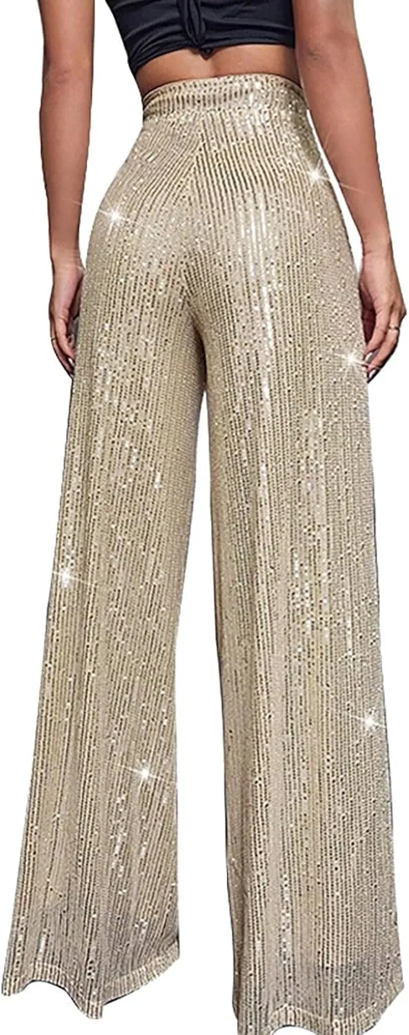 Pants for Women Womens High Waist Casual Loose Sparkle Sequin Shiny Wide Leg Flare Palazzo Pants Trousers