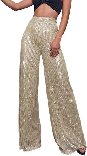 Pants for Women Womens High Waist Casual Loose Sparkle Sequin Shiny Wide Leg Flare Palazzo Pants Trousers