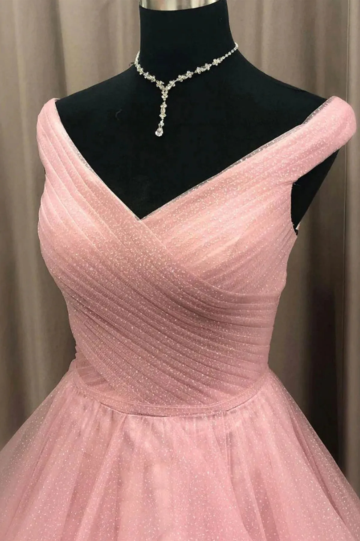 Pink Tulle Long Prom Dresses Off Shoulder Layered Pink Tulle Formal Evening Dresses
