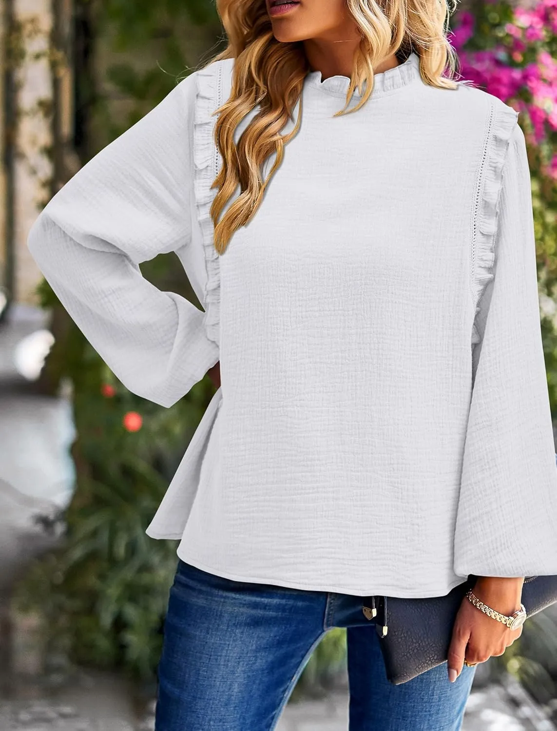 PRETTYGARDEN Women's Fall Fashion Blouse Dressy Casual Long Sleeve Crewneck Ruffle Loose Pullover Tops Shirt