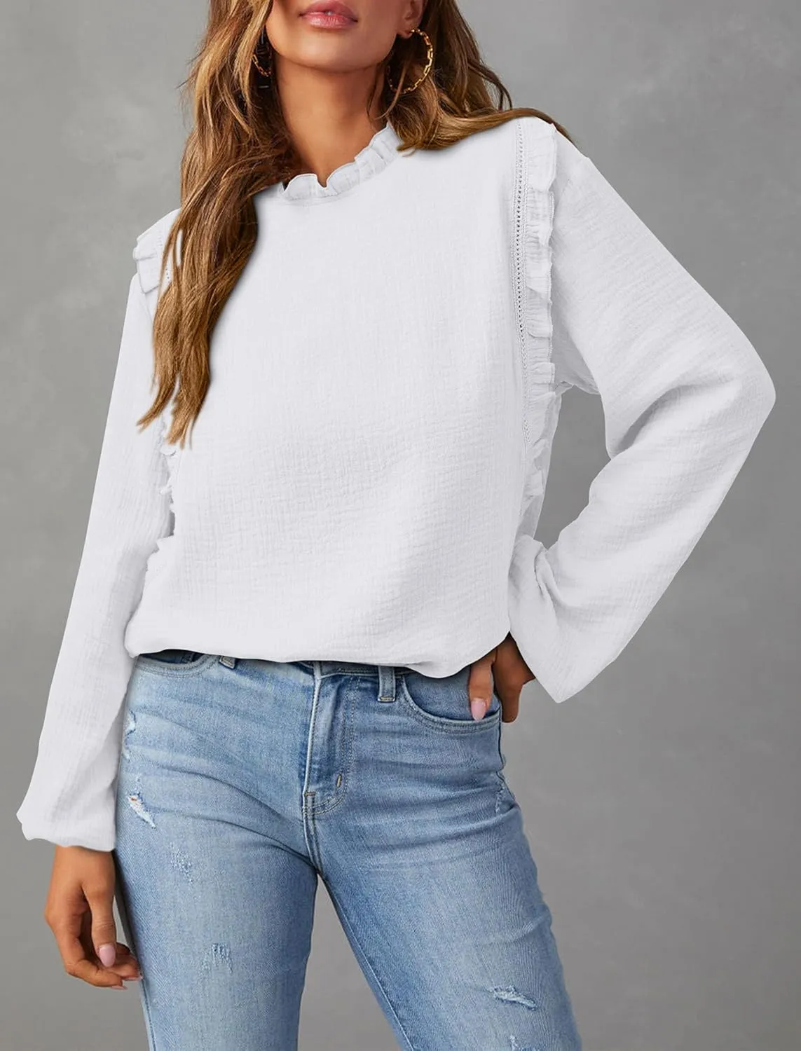 PRETTYGARDEN Women's Fall Fashion Blouse Dressy Casual Long Sleeve Crewneck Ruffle Loose Pullover Tops Shirt