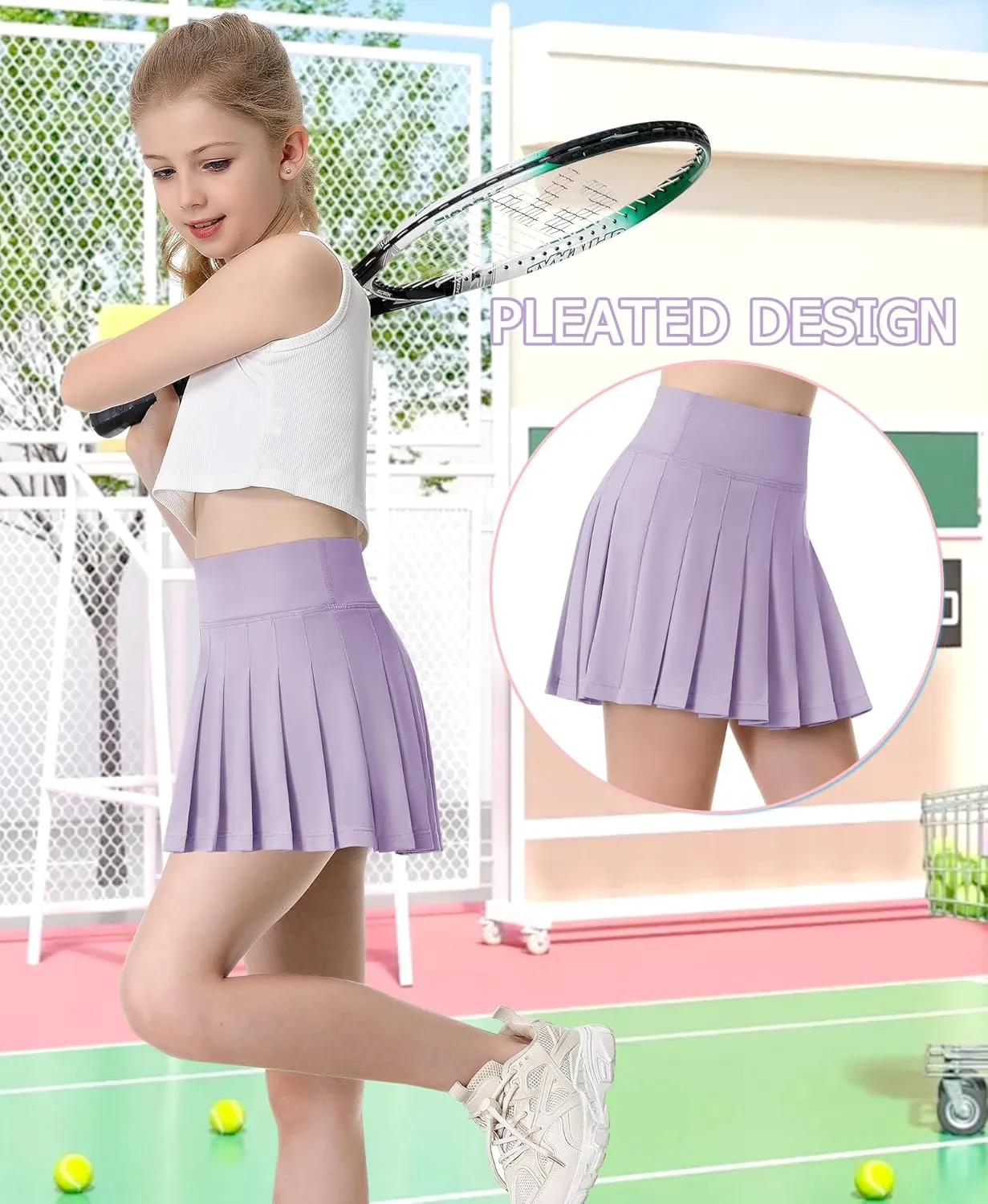 QooNoo Girls Skorts Pleated Tennis Skirts for Girls Athletic Toddler High Waist Activewear Flowy Kids Golf Cheer Skirts