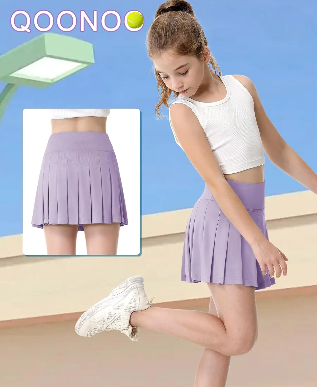 QooNoo Girls Skorts Pleated Tennis Skirts for Girls Athletic Toddler High Waist Activewear Flowy Kids Golf Cheer Skirts